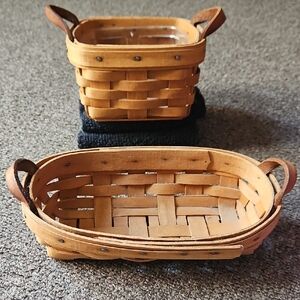 Longaberger Tan Woven Wood Oval & Square Basket Set with Leather Handles